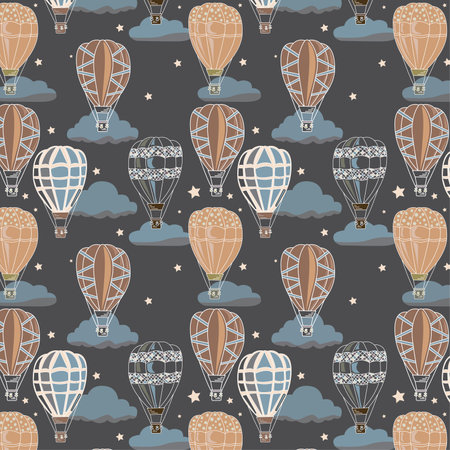 Seamless pattern of liver chestnut, almond, tan color hot air balloon with pewter blue color clouds and almond color stars on davys grey color on background.textile deign, wallpaper.のイラスト素材