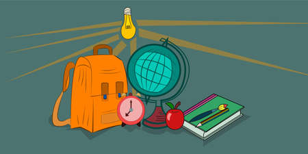 Flat vector design of educational objects, orange color school bag, valentine red color apple, go...