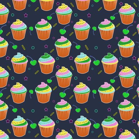Colorful seamless pattern of tenne tawny color cupcake with Persian pink titanium yellow, yellow...