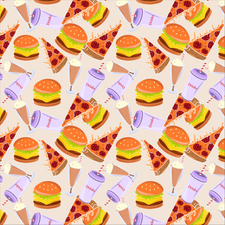 Seamless pattern of fast food or junk food , cheese burger, salami pizza, cold drink, milk shake with marshmallow soft drink etc on almond color background. textile design, advertisement, poster.のイラスト素材