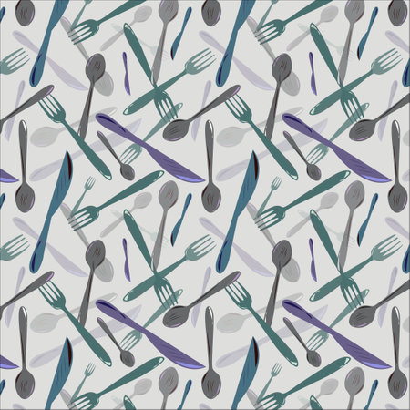 Seamless pattern of kitchen utensils dark blue gray, teal blue, ming and granite gray color knife, spoon and fork on gainsboro background. textile design, wallpaper, advertisement, poster, interior.のイラスト素材