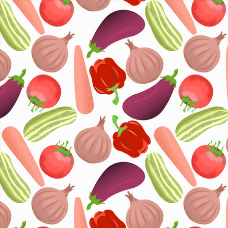 Seamless pattern of rosso corsa color capsicum, middle green yellow cucumber, vivid tangerine color carrot, orange red tomato, pastel pink onion, magenta eggplant on white background.のイラスト素材