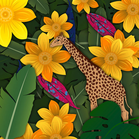 Graphic design of Persian orange Giraffe Jungle pattern with selective yellow sunflower, fern green Banana leaves and rose red, penn blue leaves best fits on textile and fabric, wallpaper, poster.の写真素材