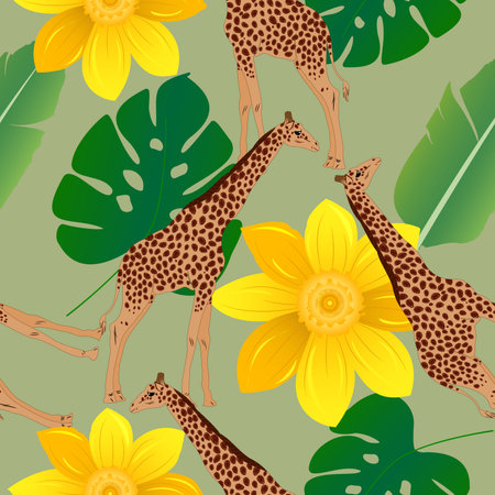 Seamless pattern of buff color giraffe with blood red color spots, Dartmouth green , asparagus banana leaves, selective yellow flower on olivine background. wildlife animal and jungle theme pattern.のイラスト素材