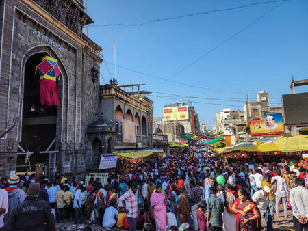 Tuljapur,India- October 28th 2022; Outside view of Goddess Tulaja bhavani mata temple, crowd of devotees for visit in festival season. commercial buildings shop, hotels , street vendor around temple.のeditorial素材