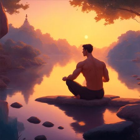 a man practicing yoga at sunrise near a serene river. The scene is incredibly detailed and high resolution, with a focus on the man's dedication to the practice.color temperature is warm, glowing.の写真素材
