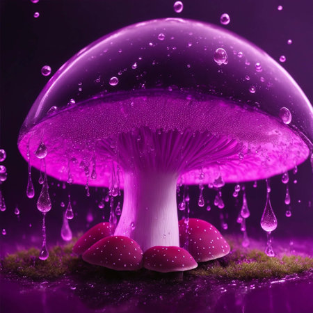 featuring big mushrooms in various shades of pinkish purple, surrounded by colorful and luminous elements.transparent water droplet added touch of enchantment, creating a silhouetted effect.AI imageの写真素材