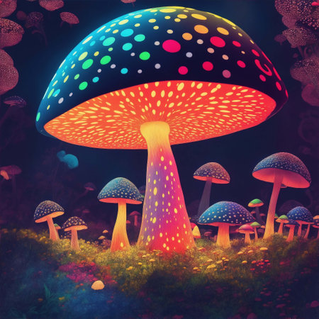 group of big mushrooms in summer landscape, their vibrant color hues standing out amidst random color dots that imbue the scene with a playful and colorful atmosphere.AI image, artificial intelligenceの写真素材