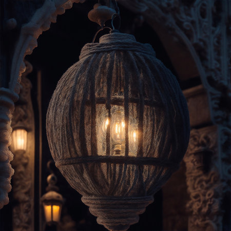 The woolen texture of the intricately designed vintage lantern hanging outside the church creates a silhouetted effect, showcasing its exceptionally detailed, insanely detailed craftsmanship.AI image.の素材