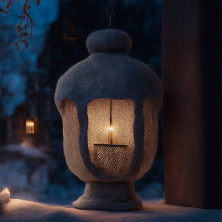 The woolen texture of the intricately designed vintage lantern hanging outside the church creates a silhouetted effect, showcasing its exceptionally detailed, insanely detailed craftsmanship.AI image.の素材