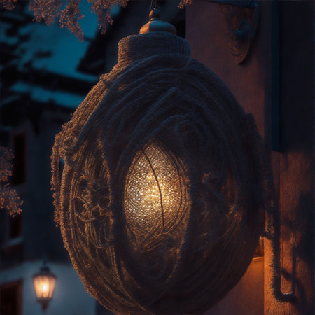 The woolen texture of the intricately designed vintage lantern hanging outside the church creates a silhouetted effect, showcasing its exceptionally detailed, insanely detailed craftsmanship.AI image.の素材