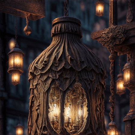 A designer vintage lantern, silhouetted against the evening sky, hangs outside the church, showcasing its exceptionally intricate, incredibly detailed, exquisitely crafted design. AI generated image.の素材