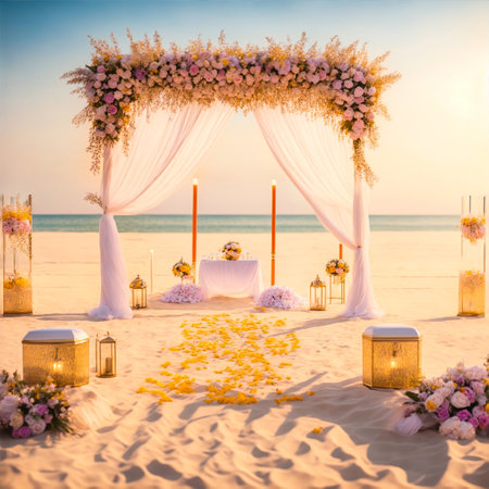 In an insanely detailed modern destination wedding setup on a shimmering beach, the absence of people allows the warm color palette to take center stage, creating a visually stunning detailed scene.の素材