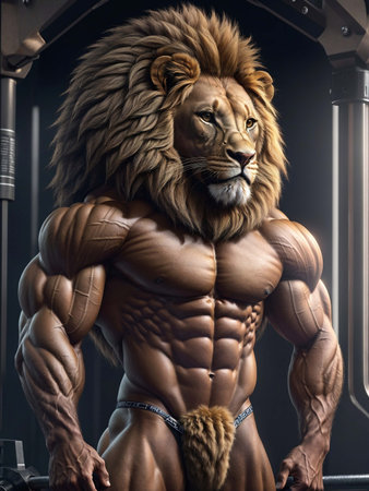 Realistic gym environment, a humanoid lion, a bodybuilder of unparalleled strength and physique, strides dramatically, exuding inspiring presence that captivates all who witness this insanely detailedの素材