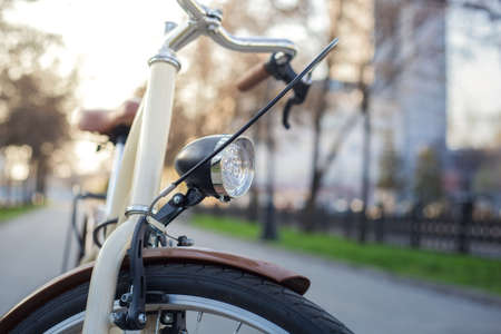 Bicycle of beige color with a lantern on an avenue with green grass in the springの写真素材
