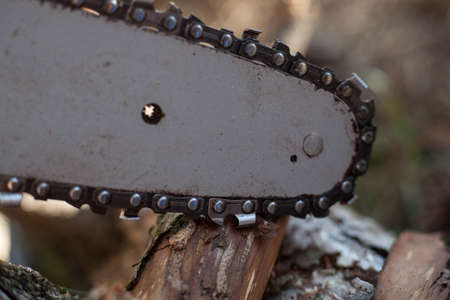 Chainsaw with an iron chain saws wood with a blurry backgroundの写真素材