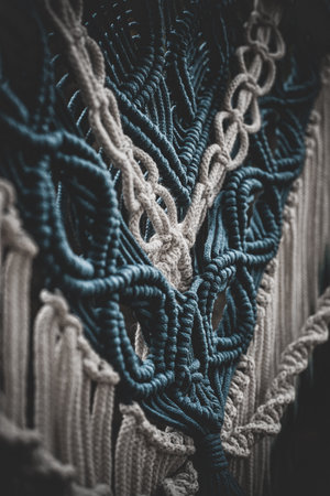 Panel of blue and white macrame on a decorative branch in natureの写真素材