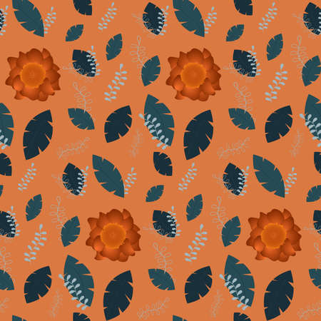 Pattern with a brown background, leaves in a dark and light blue color, orange flower with a...