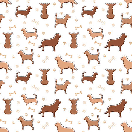 pattern with dog silhouettes, bones and paw prints in doodle style and one line with colored brown and beige spots. Can be used as a background, wallpaper, on fabric and for decorative decoration.のイラスト素材