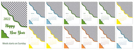 Colored calendar design2022. Week starts on Sunday. Editable template of vertical pages of the...