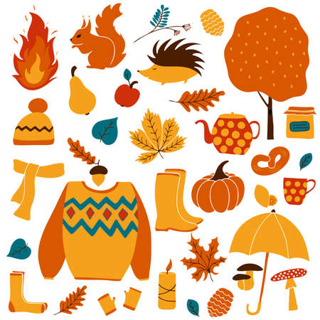 Autumn icons set: cute yellow and orange falling leaves, fruits, forest animals, clothes, mushrooms, pumpkin.
The elements are suitable for scrapbook, postcard, poster, invitation, sticker set. Vector illustration.のイラスト素材