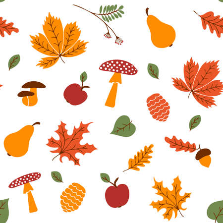 Autumn pattern in orange and yellow tones with various fall items. Can be used for backgrounds, wallpapers, create patterns or compositions, or decorate printed matter. Vector illustrationのイラスト素材