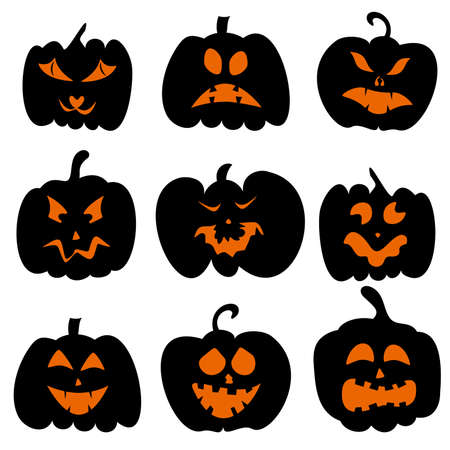 Set of pumpkins with carved faces for Halloween. For decorating holiday projects, cards, invitations, banners. Vector illustrationのイラスト素材