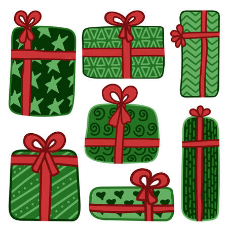 Collection of festive gift boxes tied with a ribbon with a bow. Simple flat vector illustration in doodle styleのイラスト素材