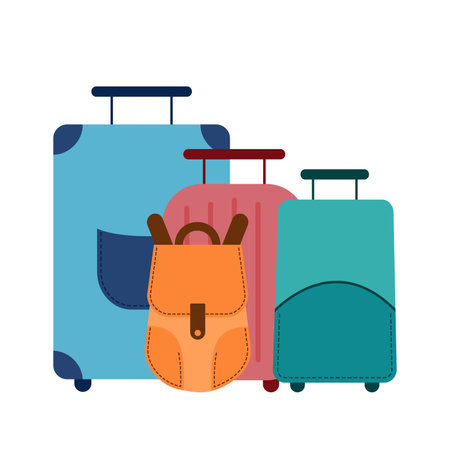 Travel luggage set, suitcases on wheels and a backpack. Travel and tourism concept. Simple flat vector illustration.のイラスト素材