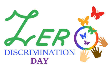 Zero discrimination day, banner with inscription, hands, rainbow circle and butterflies. Concept of mutual aid, loyalty and acceptance of people as they are. simple flat vector illustrationのイラスト素材
