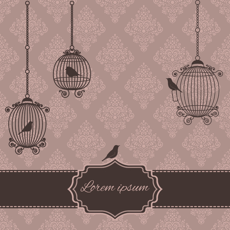 Romantic background. Vintage invitation card with ornate elegant abstract floral design with birds, cages and text label. Wedding invitation card, guest card.のイラスト素材