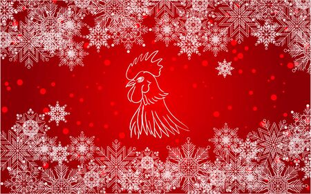 New Year red background with white snowflakes, snow and Rooster.のイラスト素材