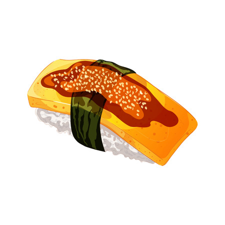 Vector illustration in cartoon style. Egg sushi with nori, sauce and sesame. Isolated on whiteのイラスト素材