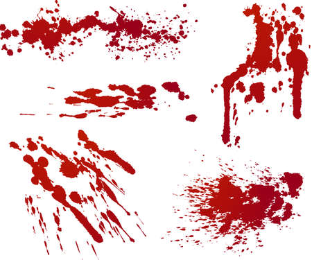 Five red splatters. Each isolated on independent layer in file for easy use.のイラスト素材