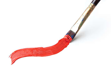 Paintbrush with Red Acrylic Isolated on Whiteの写真素材