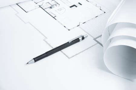 Mechanical Pencil on Blue Printの写真素材