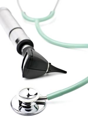Otoscope and Stethoscope on White Backgroundの写真素材