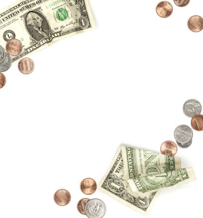 Dollar bill, penny, nickel, quarter and dime currency border isolated on whiteの写真素材