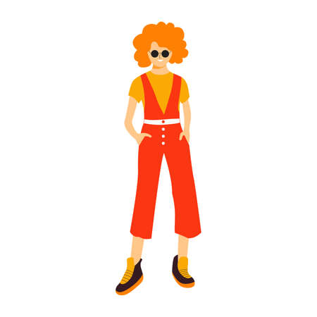 Fashionable curly girl wearing red jumpsuit and fancy sneaker. Flat vector design character illustration with white backgroundのイラスト素材