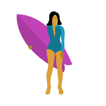 Young surfer woman stands calmness with his surfing board. Flat vector design character illustration with white background.のイラスト素材
