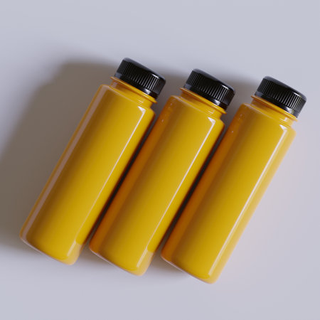 Bottles of yellow body lotion on white background, top view