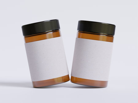 Amber Glass Cosmetic Jar with a realistic texture blank Label white color rendering 3D software illustration, brown jar color and black capの写真素材