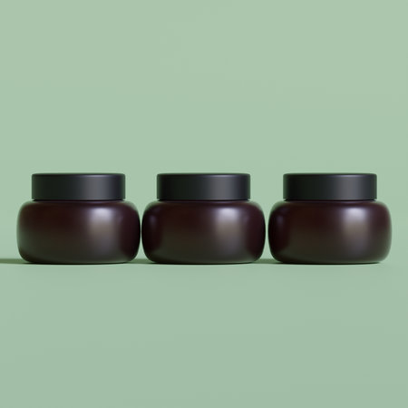 3d render of cosmetic jars on green background. Beauty product mockup.の写真素材