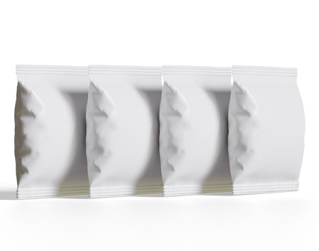 3d rendering of three white paper bags isolated on white background.の写真素材