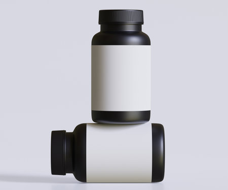 3d render of black plastic bottle with blank label on grey backgroundの写真素材