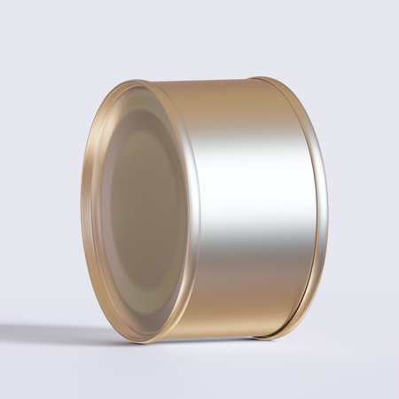 Golden tin can isolated on white background. 3D rendering. Clipping path included.の写真素材