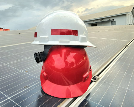 Red helmet and white safety helmet on solar panels in the solar power plantの写真素材