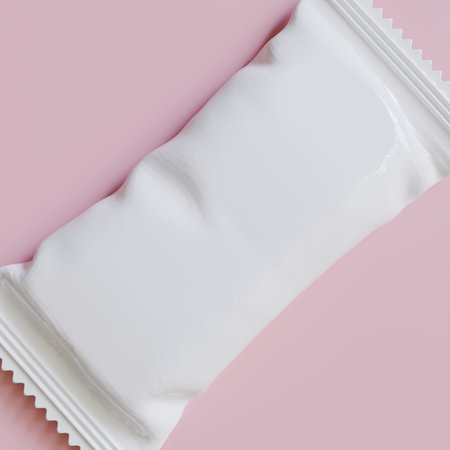 White package of chewing gum on pink background. Flat lay, top view.の写真素材