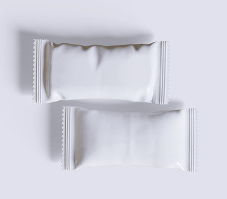 White plastic sachet package isolated on white background. Top view.の写真素材