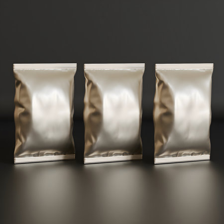 3d rendering of three aluminum foil bags on a dark background.